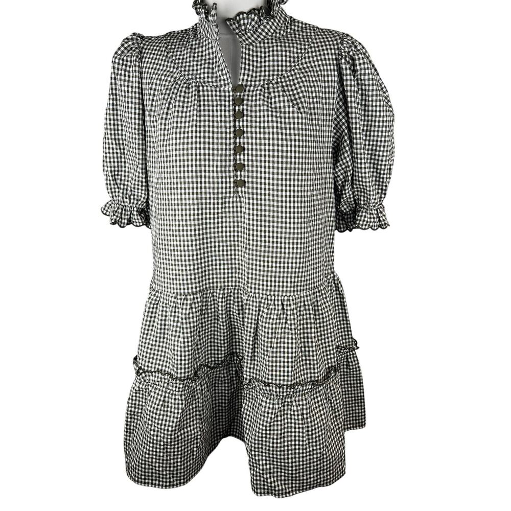 Tuckernuck Pomander Place Gingham Linen Blend Puff Sleeve Mini Dress L